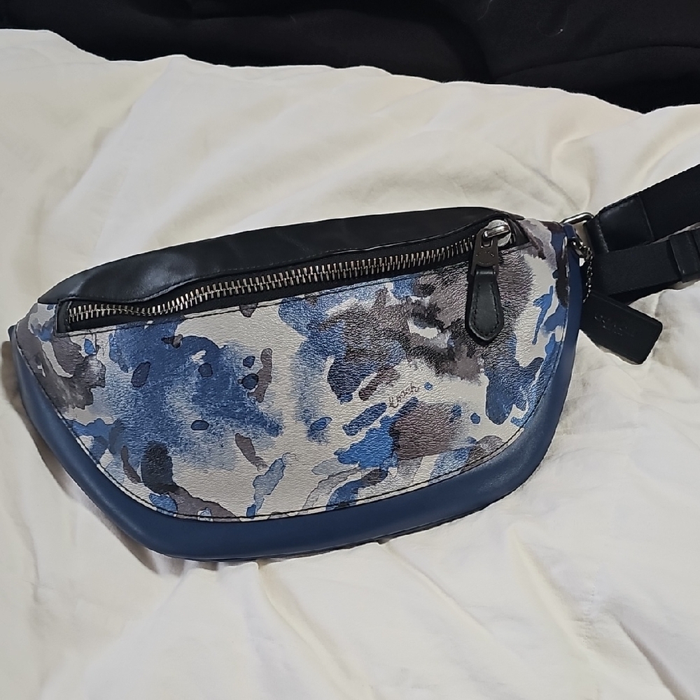 Coach Blue Gray Leather Trim Floral Print Belt Bag